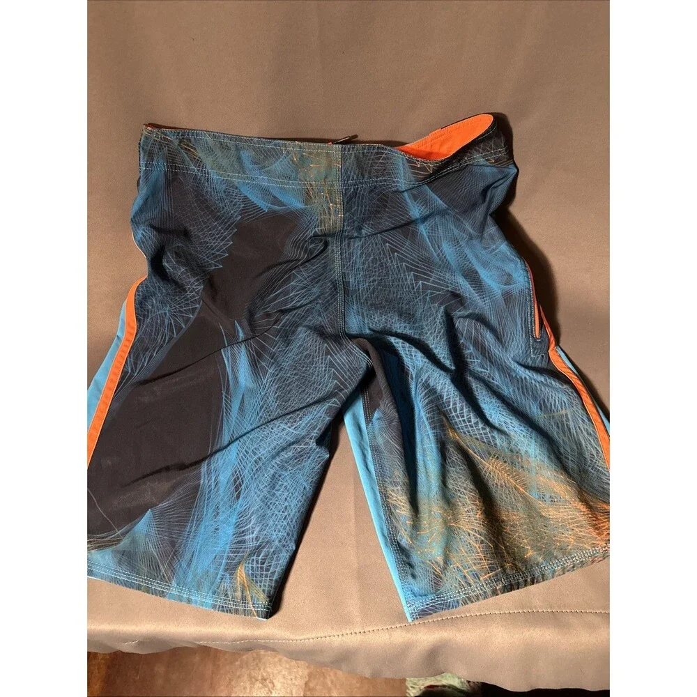 Oakley 32 Blue Board Shorts Zip Pocket Orange Regular Fit Swim Skull Y2K Print